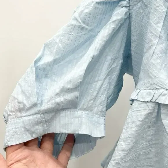 Free People Size Large Leave It To Me Powdered Blue Top Smocked Puff Sleeve NWOT - Picture 5 of 11